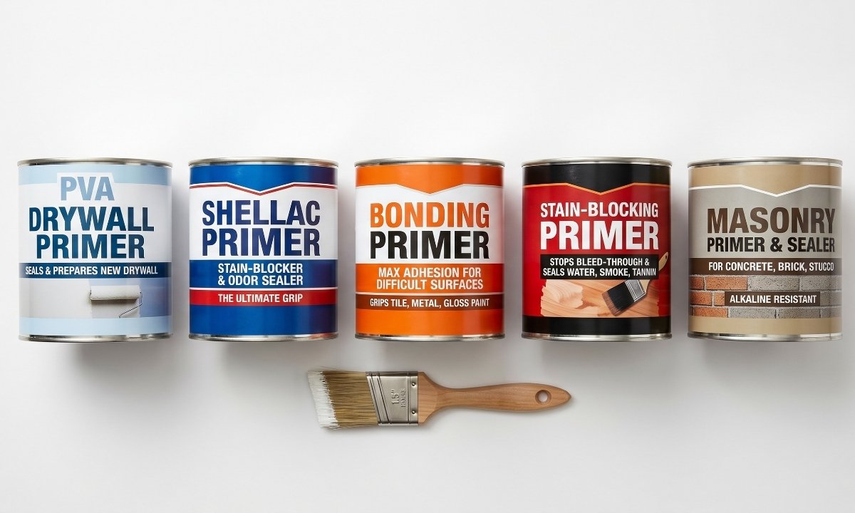 Five types of painting primer cans arranged by surface type including PVA shellac and bonding primer