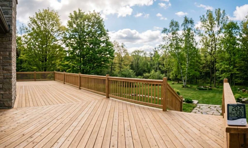 Wooden deck on a clear Ontario morning showing ideal weather conditions for deck staining
