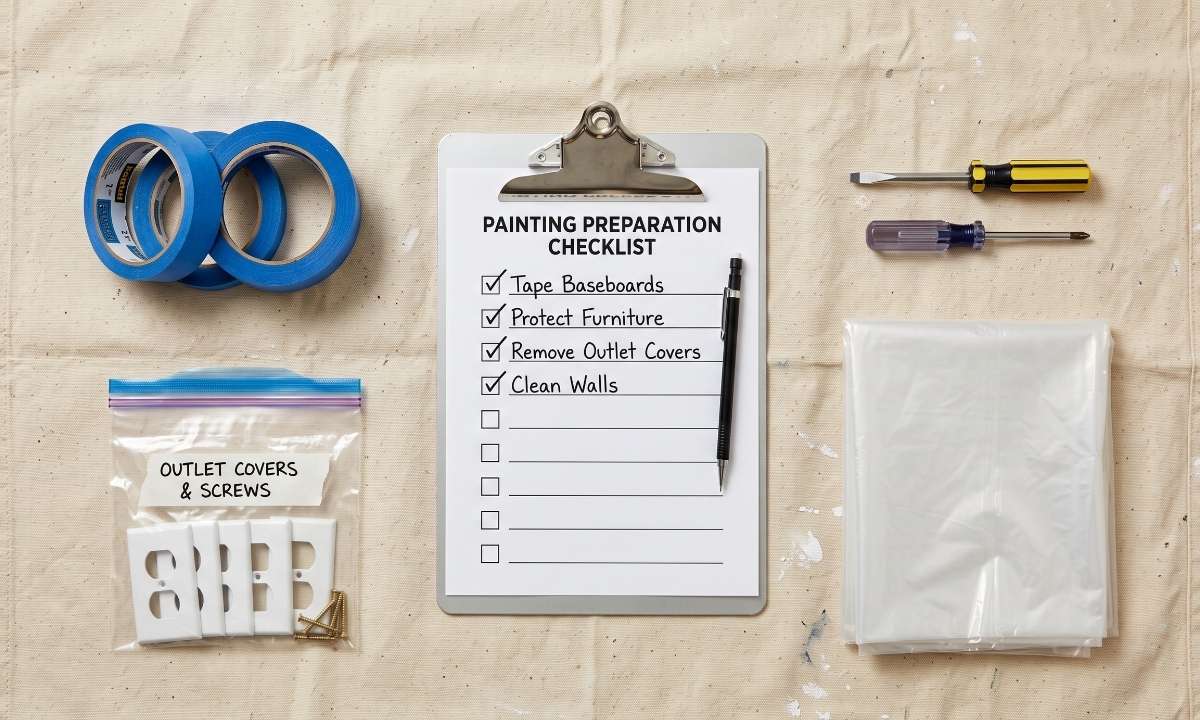 Supplies and checklist for prepping a room before painters arrive