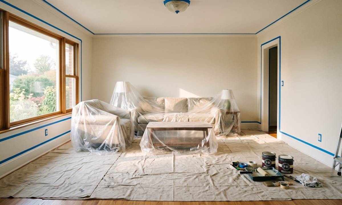 Living room prepped and covered before painters arrive for a paint job